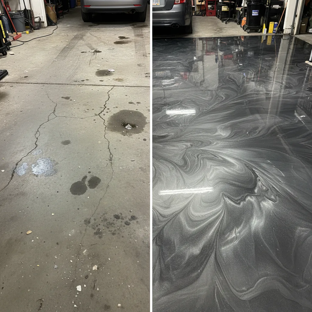 Before and after garage floor epoxy coating transformation in Orlando